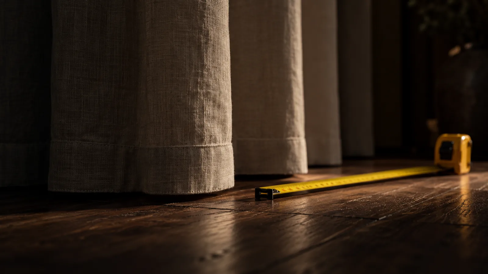 The hem of floor-length curtains just clearing a wooden floor beside a tape measure