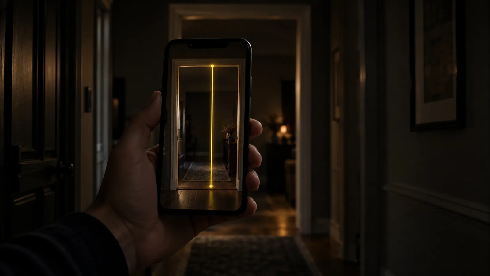Mano che tiene un iPhone puntato verso una porta, con una linea di misura gialla sullo schermo