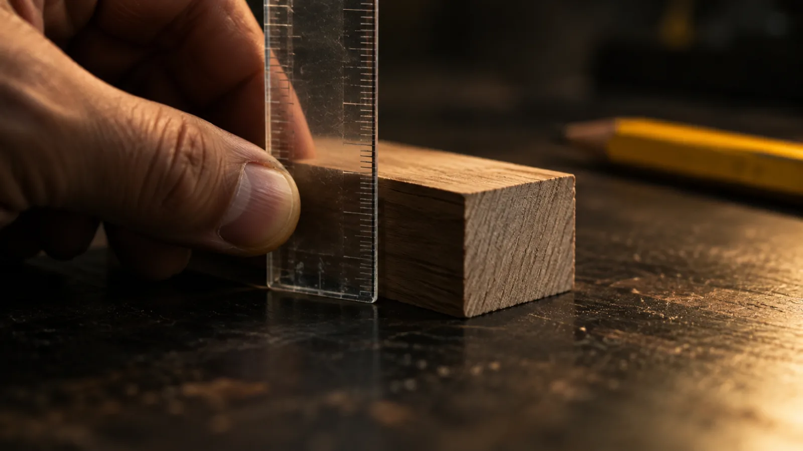A clear plastic ruler held against a small wooden block