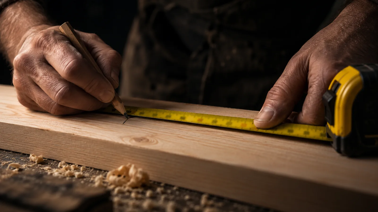Hands holding a tape measure against a pine board and marking a V tick with a pencil