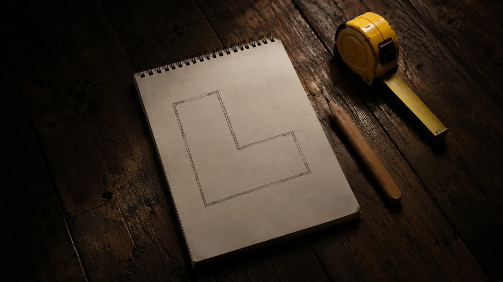 A hand-drawn L-shaped floor plan next to a tape measure and pencil