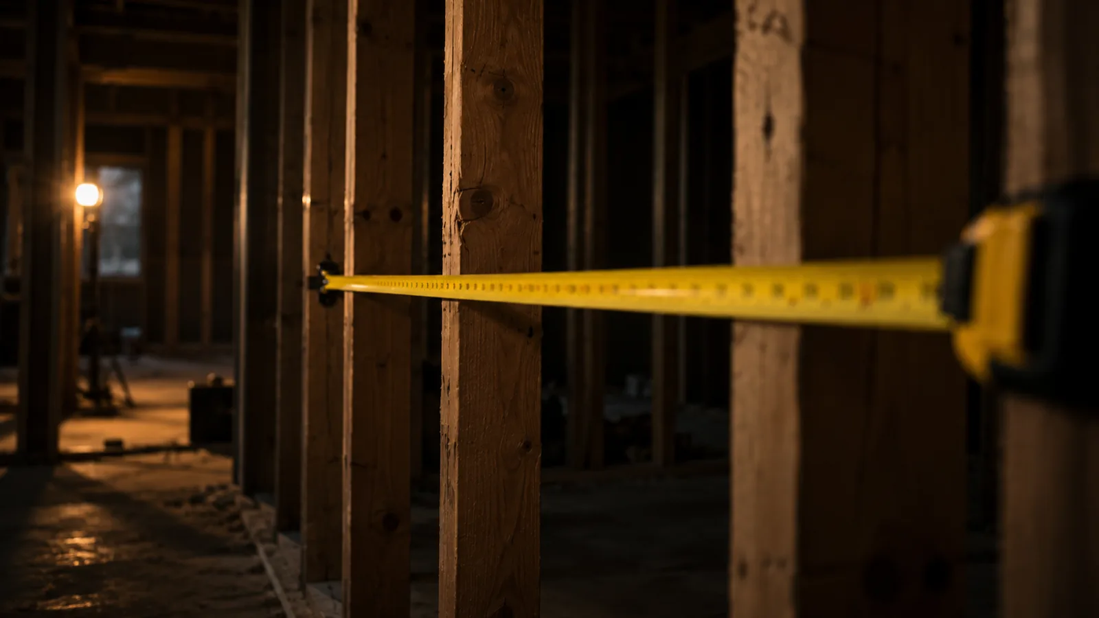 A tape measure stretched across exposed wooden wall studs