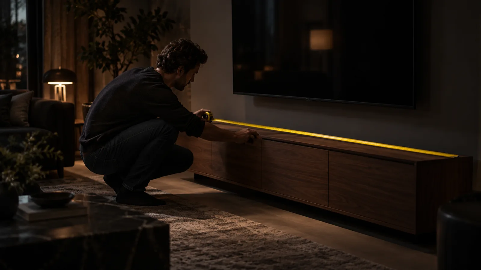 Measuring the width of a media console under a wall-mounted TV