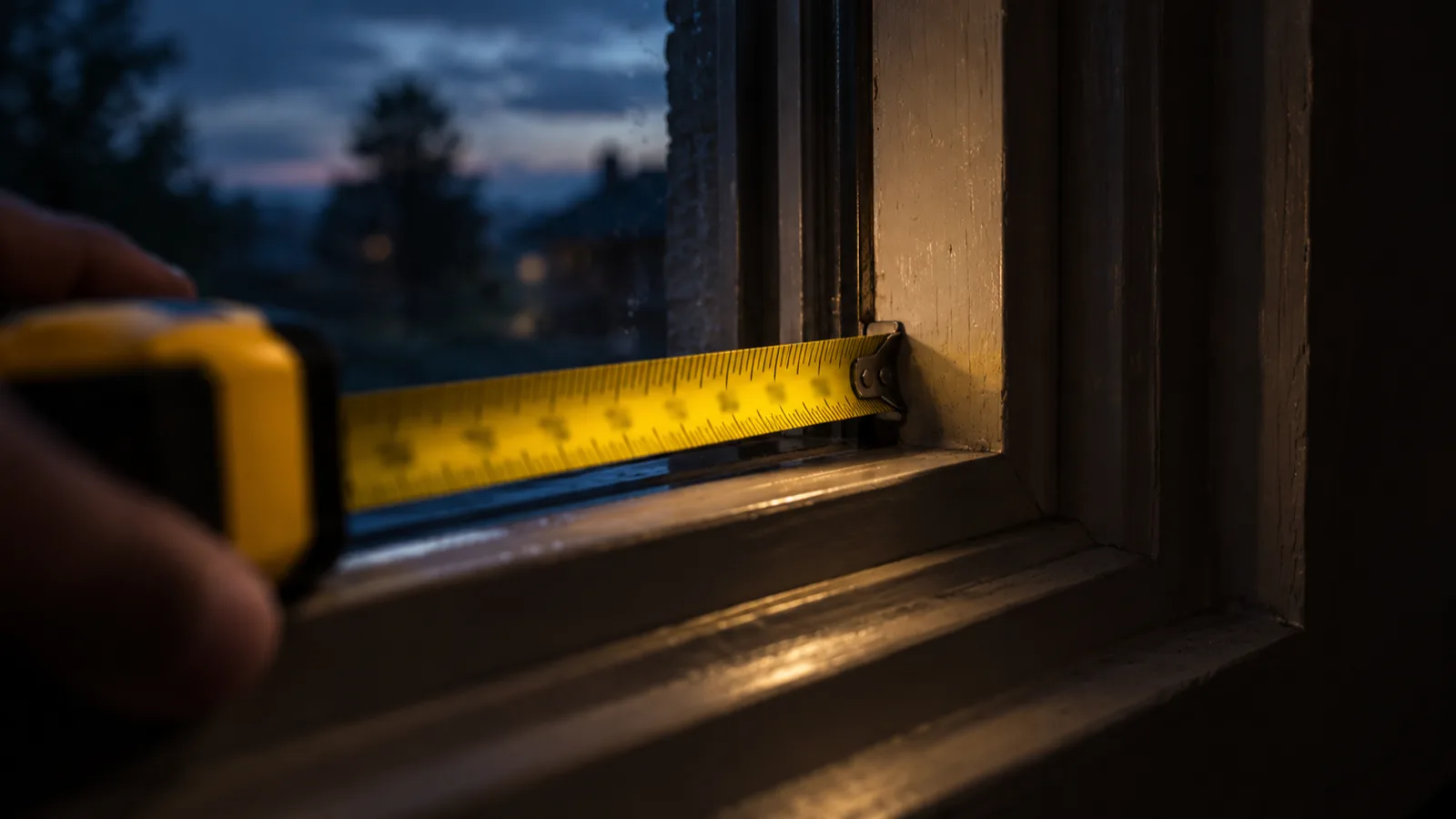 A tape measure measuring the depth of a window recess