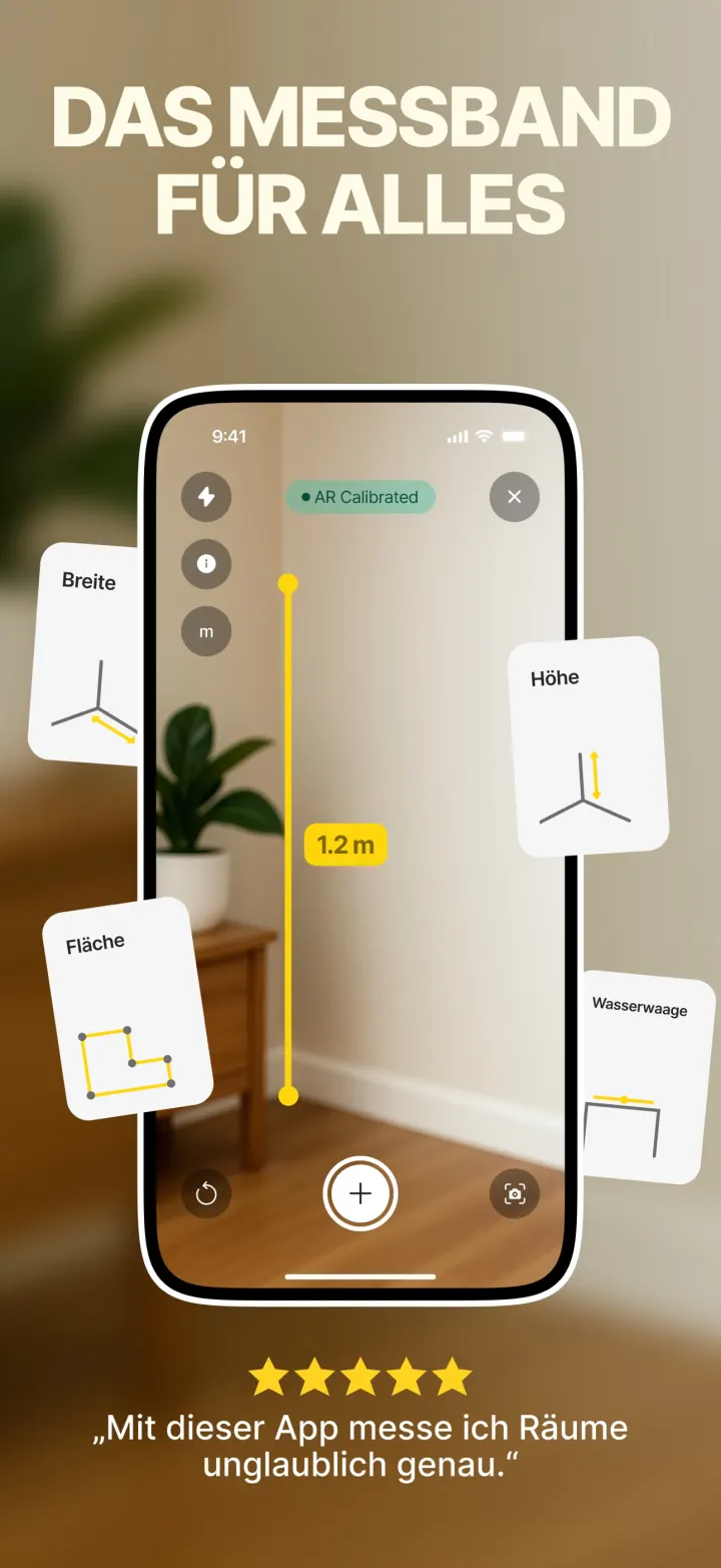 Measuring Tape auf dem iPhone mit einer AR-Messung im Kamerabild