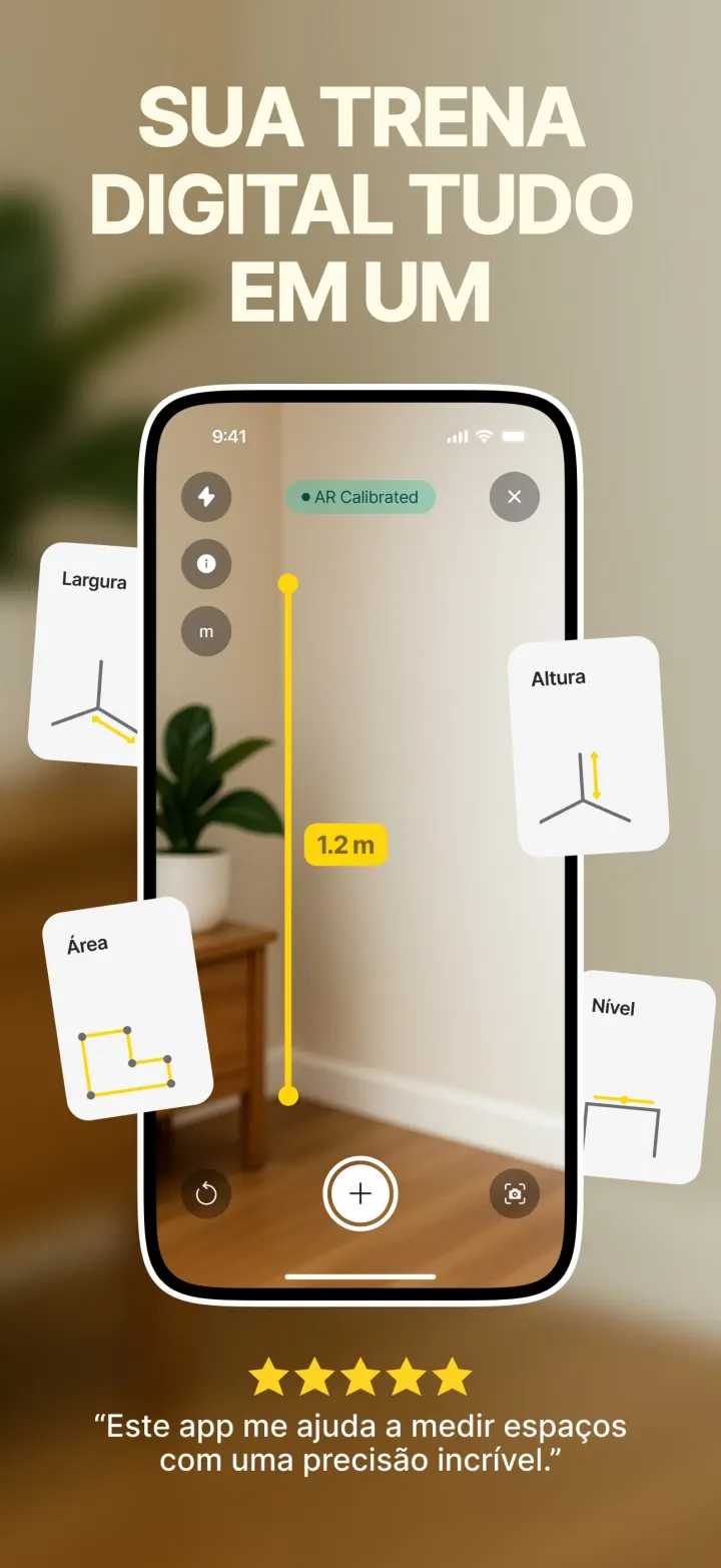 Tela do Measuring Tape no iPhone medindo 1,2 m na vertical, com as ferramentas Largura, Altura, Área e Nível