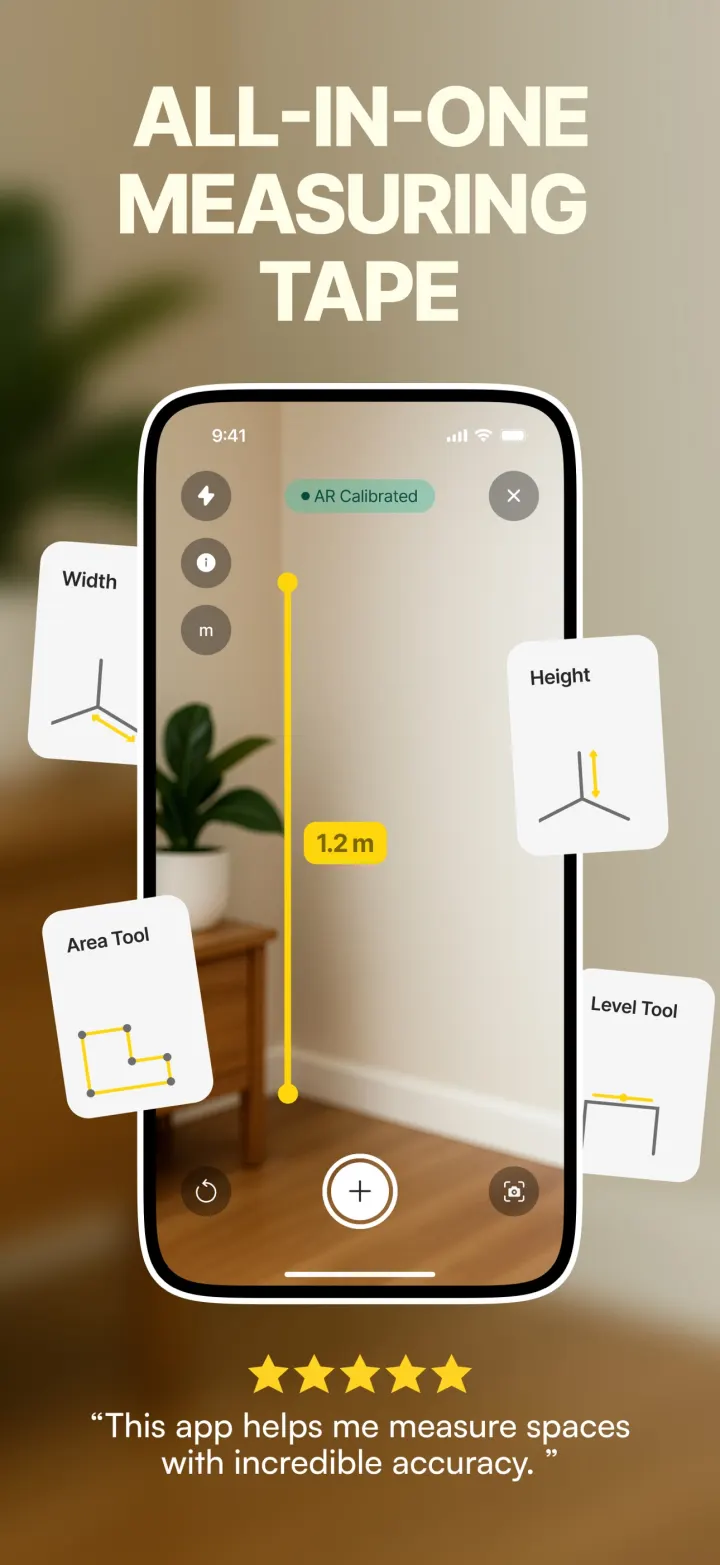 Measuring Tape app with Width, Height, Area and Level tools